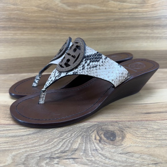 Tory Burch Louisa Womens 7 M Snake Embossed Brown Leather Wedge Sandals - Picture 3 of 11